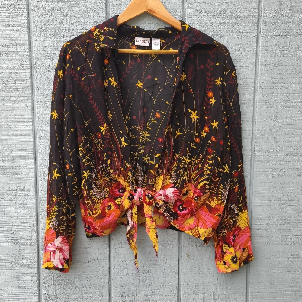 Chico's 100% Silk Floral Wrap Blouse sz L/XL Black Pink Orange Whimsigoth Boho